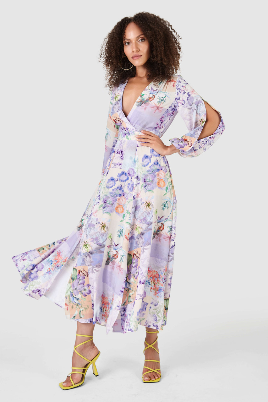 Purple Floral Print Full Skirt Wrap Dress